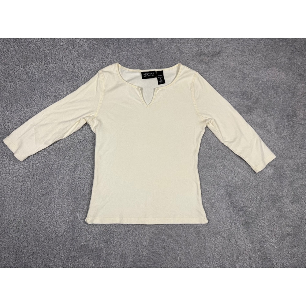 New York & Company Top Womens Medium Cream‎ Split Neck 3/4 Sleeve Cotton Basic